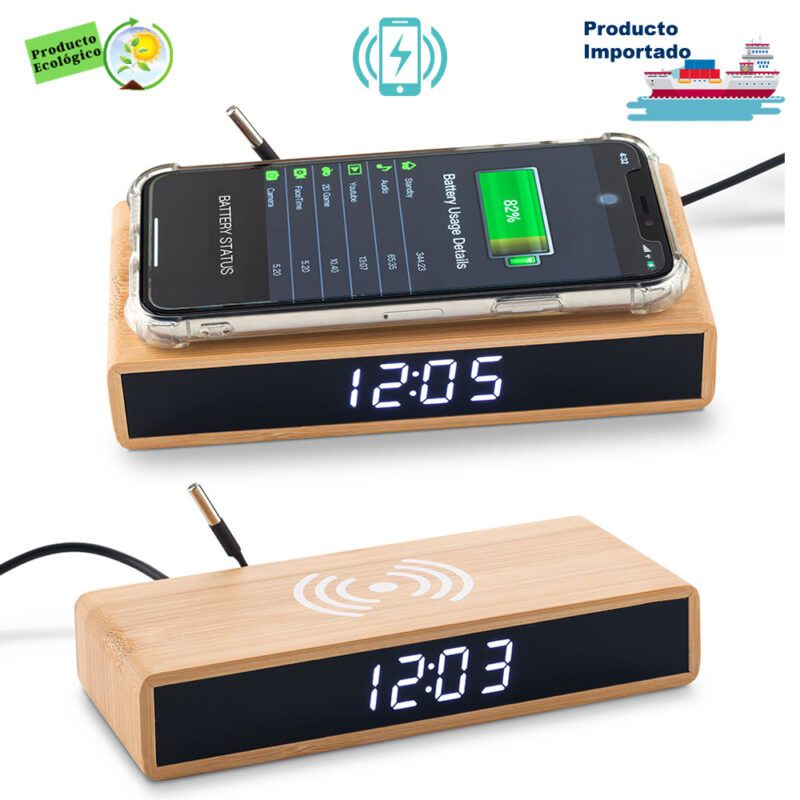 Cargador Inalámbrico con Reloj Bamboo