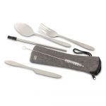 Set de Cubiertos Metálicos RPET, incluyendo cuchara, cuchillo, tenedor y pitillo, presentado en estuche de RPET.