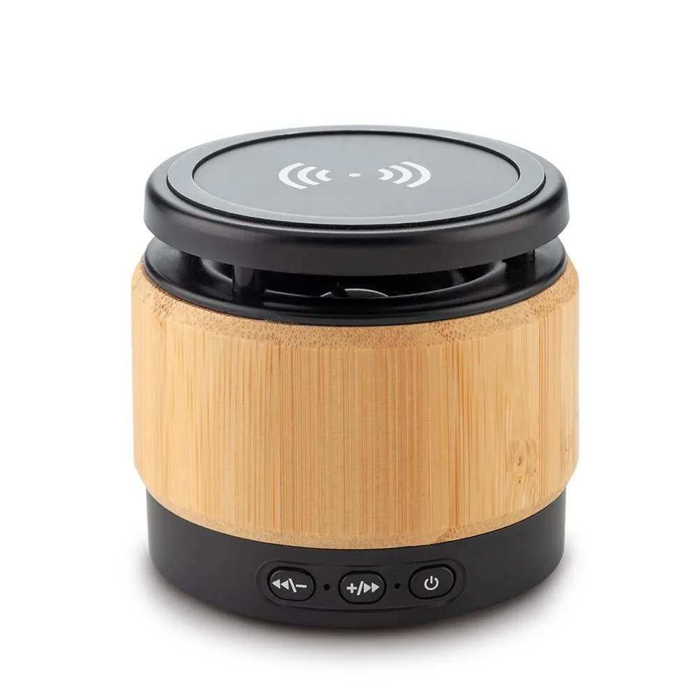 Vista frontal del Speaker Bluetooth Mack mostrando su diseño en bambú.