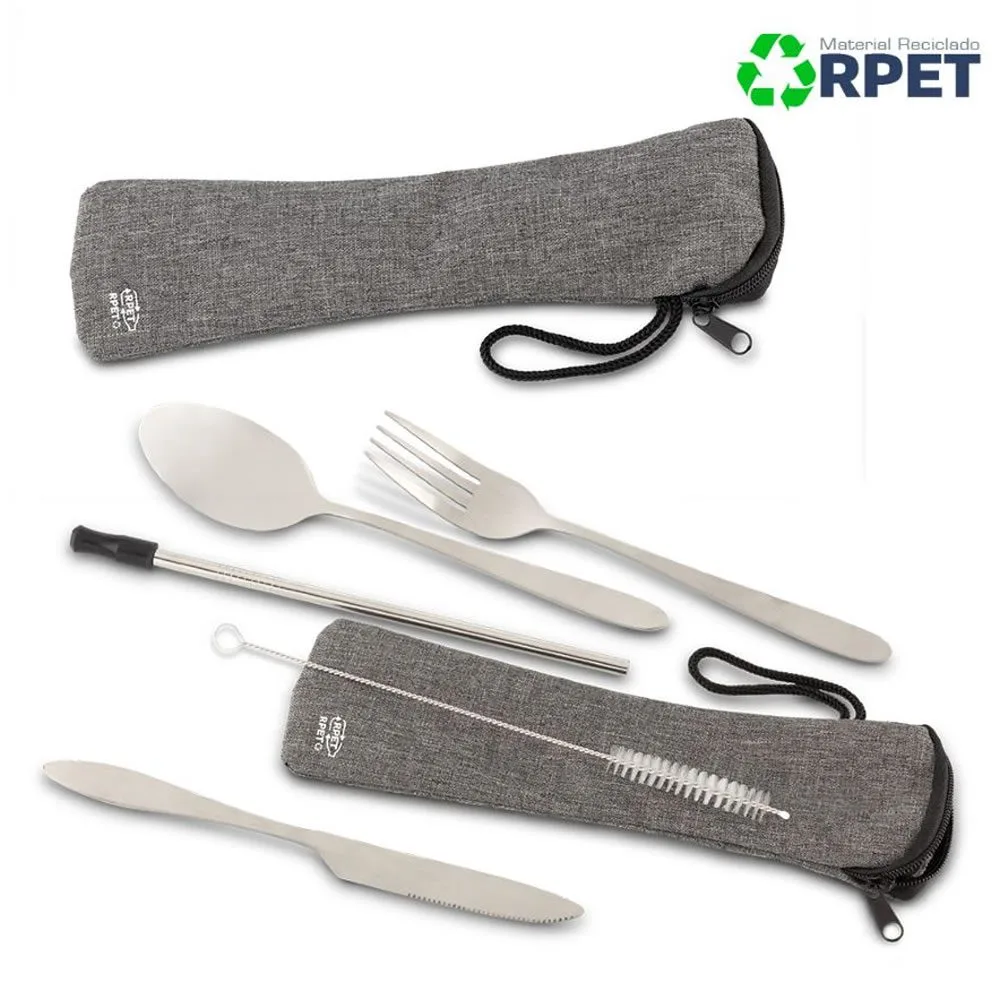 hg-361 general Set de Cubiertos Metálicos RPET, incluyendo cuchara, cuchillo, tenedor y pitillo, presentado en estuche de RPET.
