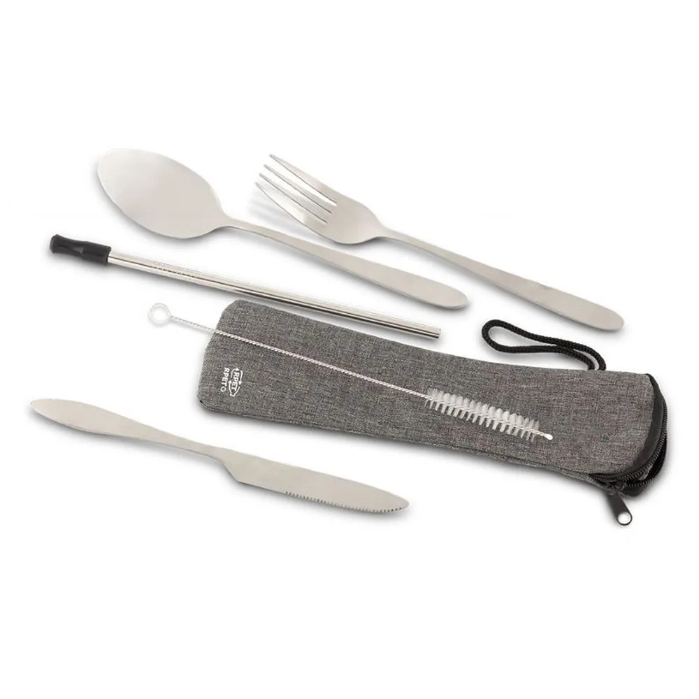 hg-361 general1 Set de Cubiertos Metálicos RPET, incluyendo cuchara, cuchillo, tenedor y pitillo, presentado en estuche de RPET.