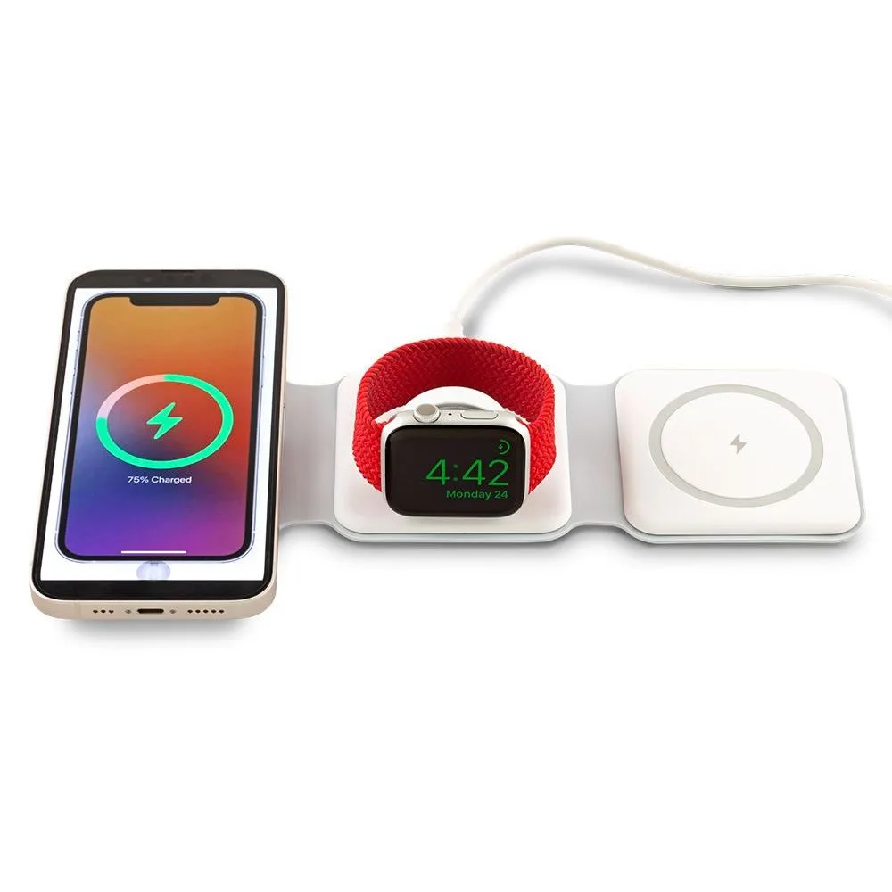 tec-558 general1 Cargador Inalámbrico Mágnet 3-1 con teléfono, reloj y audífonos cargándose.