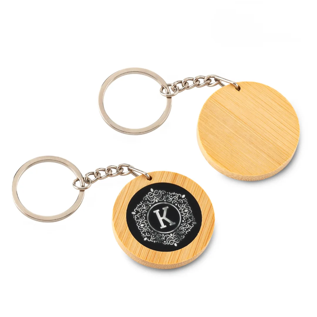 Llavero Bamboo Round ecológico en bambú con placa en caucho