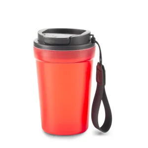 Mug corporativo de plástico con tapa rosca y correa, 400 ml.