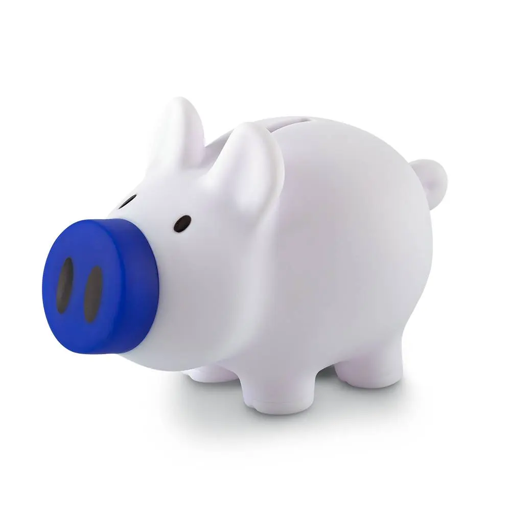 Alcancía Piggy Max DIV-1203 en PVC con forma de cerdito y hocico azul para personalización con logo empresarial.