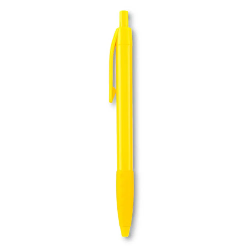 Bolígrafo Vinnie Grip amarillo con mecanismo push y agarre ergonómico de plástico
