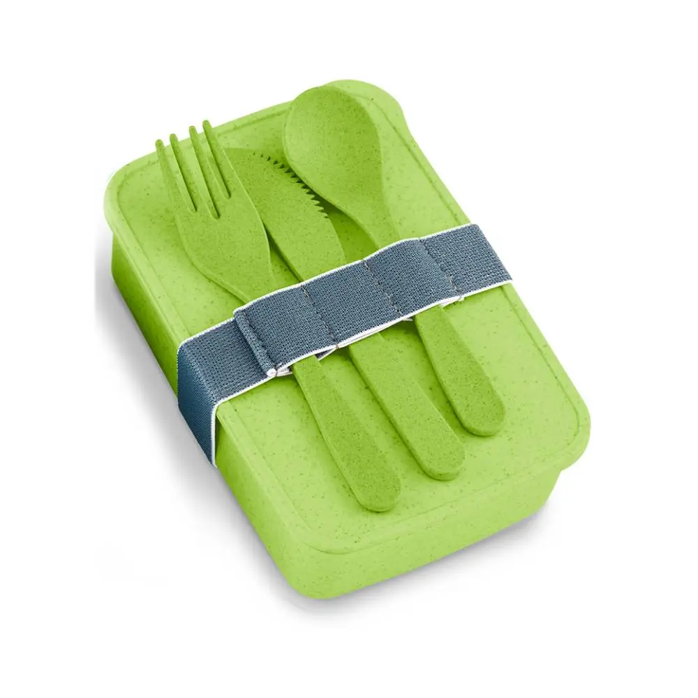 Portacomidas Con Cubiertos Eco Square II DIV-965 Verde Portacomidas Eco Square II DIV-965 color verde fabricado con fibra de trigo y cubiertos reutilizables.